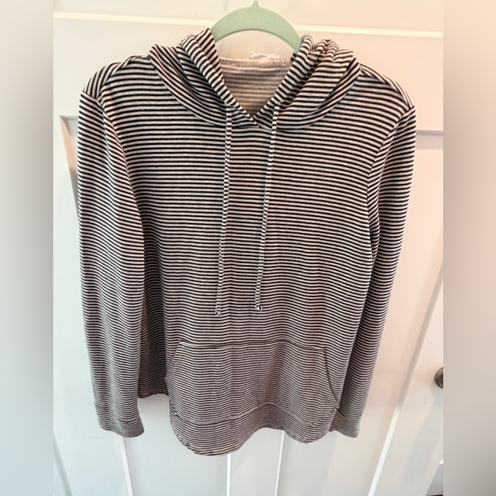 Striped Lightweight Hoodie Medium Black White Pullover Casual Soft Stretch Top
